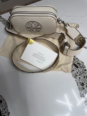 Tory Burch Cream Pebbled Leather Double-Zip Crossbody with Logo Strap